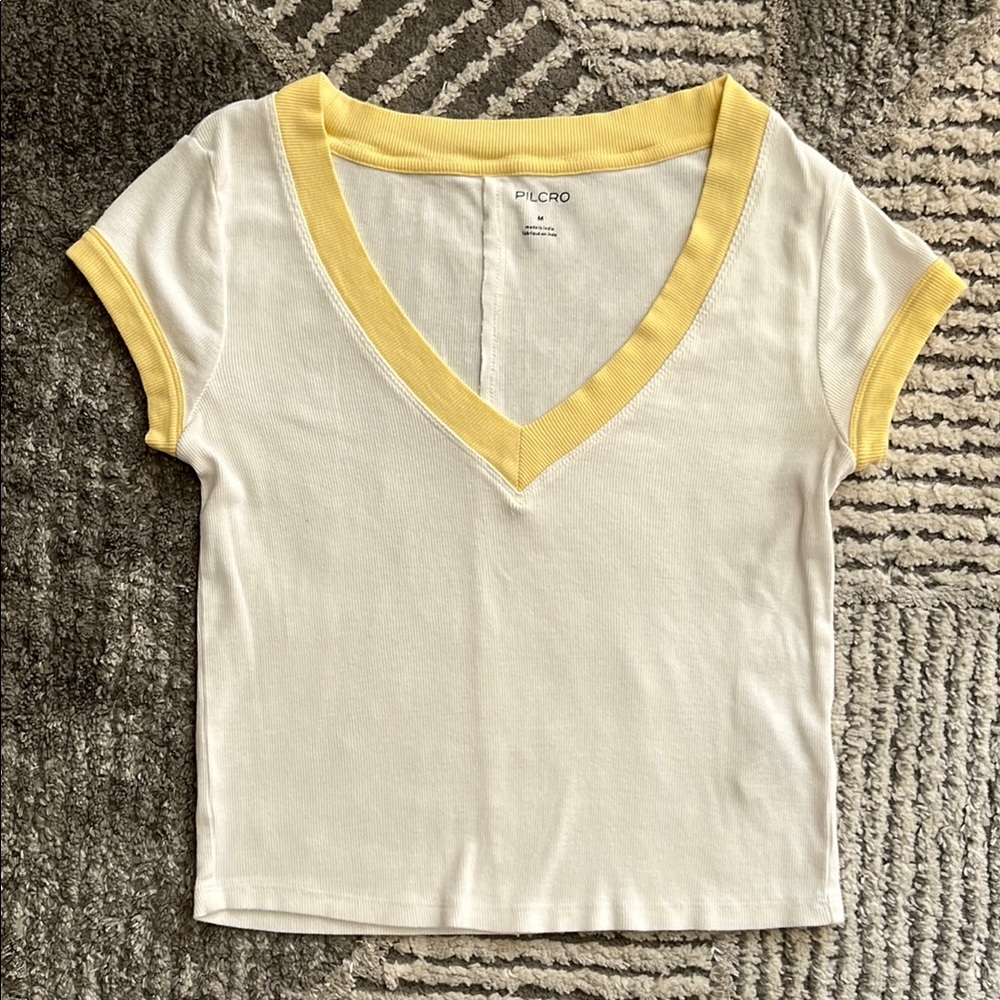 Pilcro Women's Cream and Yellow V-Neck Top